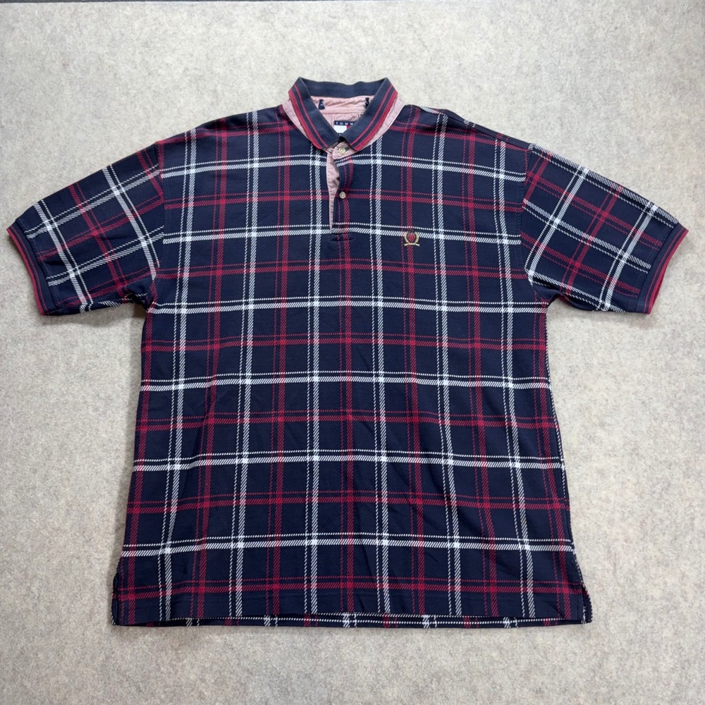 Tommy Hilfiger Men's XL Plaid Polo Shirt Navy Red Crest Logo Short Sleeve Preppy